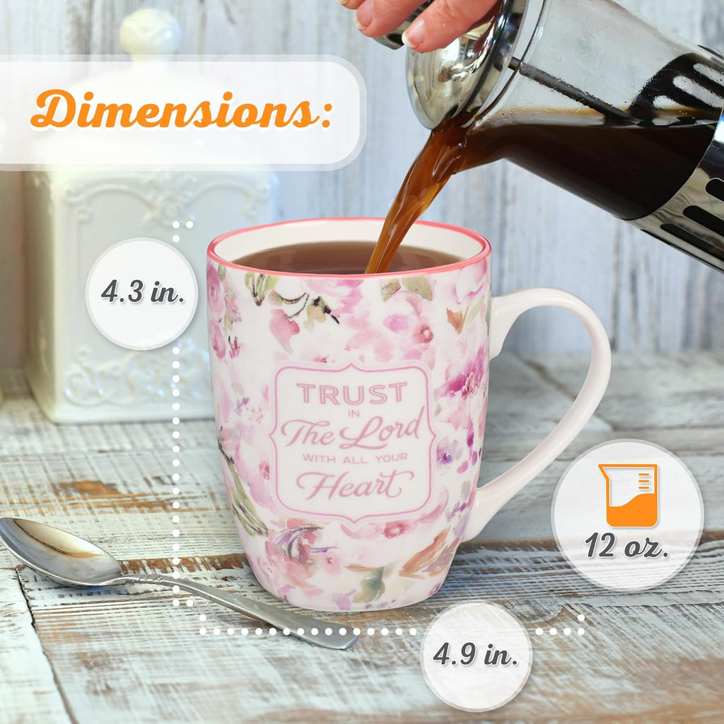 Christian Art Gifts Encouraging Ceramic Coffee & Tea Bible Verse Mug for Women: Trust in the Lord Inspirational Scripture Proverb, Microwave & Dishwasher Safe, White & Pink Watercolor Floral, 12 oz.