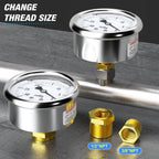 MEANLIN MEASURE -30inHG~0Psi Stainless Steel 1/4" NPT 2.5" FACE DIAL,Vacuum Liquid Filled Pressure Gauge,Single Scale, WOG Water Oil Air, Back Mount, with 1/2" NPT and 3/8" NPT Hex Bushing