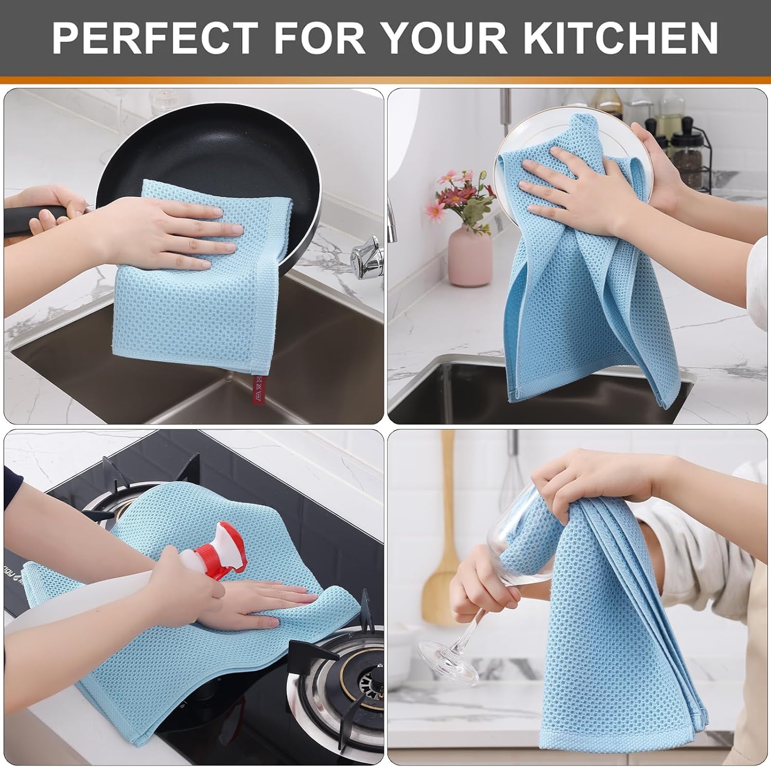 Kitinjoy 100% Cotton Waffle Weave Kitchen Towels (13 X 28 Inches, Sky Blue), 8-Pack Super Soft and Absorbent Dish Towels for Drying Dishes, Kitchen Hand Towels