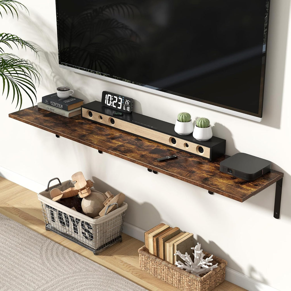 Fun Memories Rustic Brown 12 Inch Deep Floating Shelves Set of 2, Wall Mounted Shelf with Metal Brackets, Rustic Wood Wall Shelf for Bathroom, Kitchen and Living Room