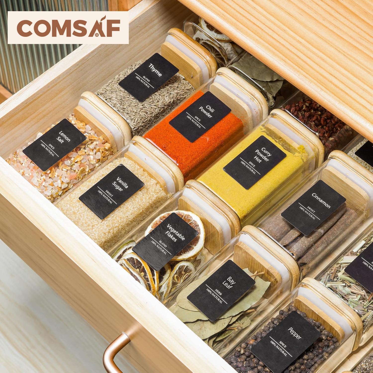 ComSaf 12Pcs Glass Spice Jars with Bamboo Lid, 8oz Airtight Square Containers with 275 Black Lables, Empty Seasoning Jars for Spice Salt Sugar