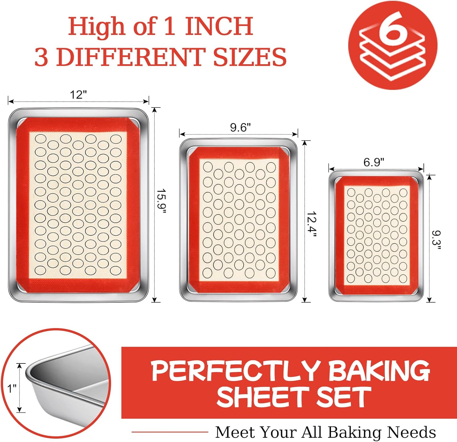 Baking Sheet with Silicone Baking Mat Set,CEKEE Stainless Steel Baking Sheet Pan Tray, Cookie Sheets for Baking, 6PCS Baking Supplies Bakeware Sets for Oven Making Cookies, Macaroons, Bread