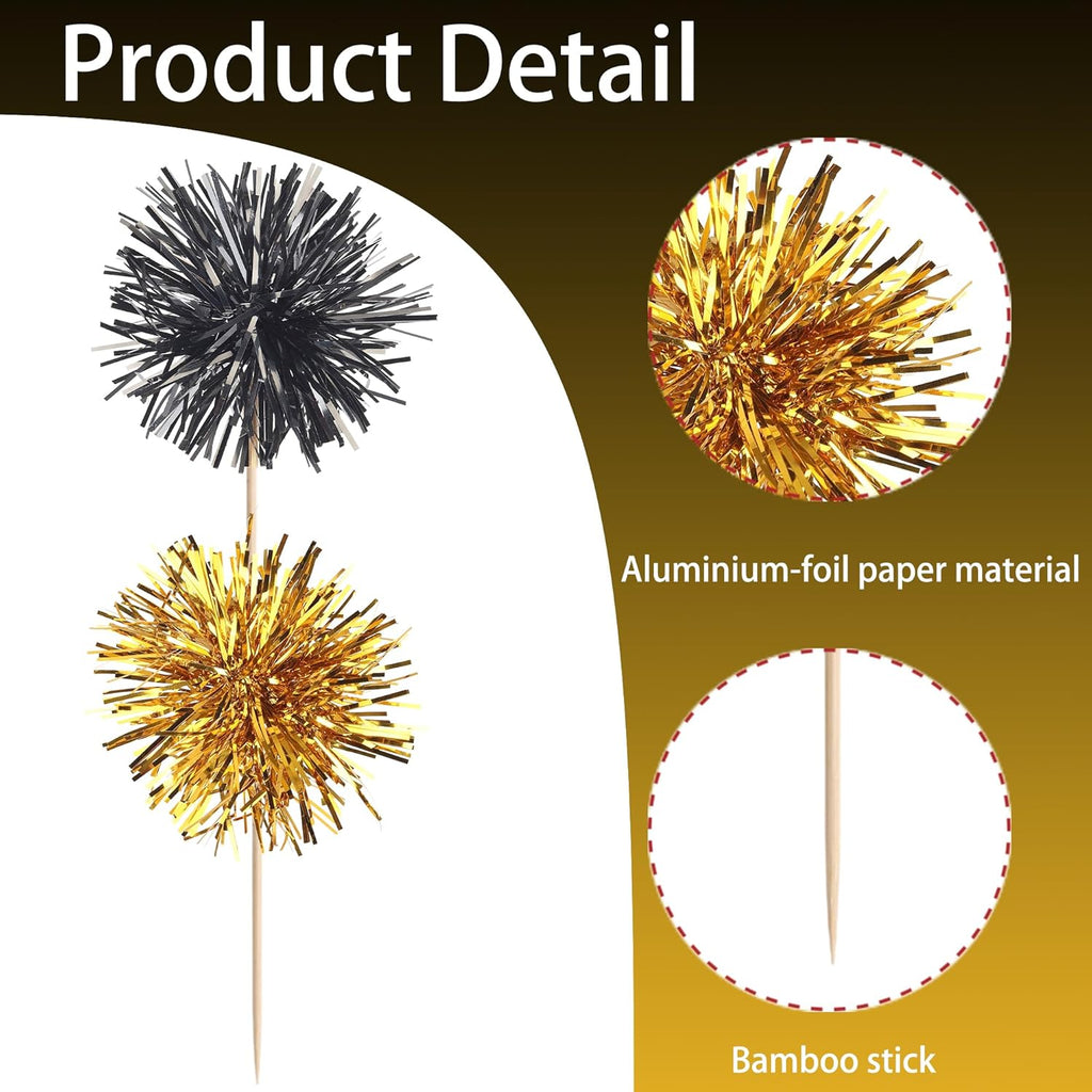 40 PCS Foil Firework Cupcake Toppers Sparkle Tinsel Cupcake Picks Fireworks Birthday Party Decorations Cocktail Fruit Toothpick for Birthday Wedding Graduation Party Decorations Supplies Black Gold