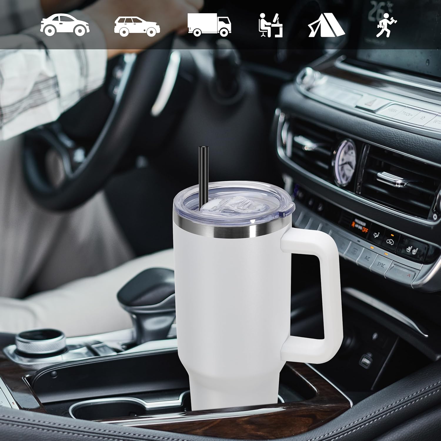 DOMICARE 40 oz Tumbler with Handle and Straw, Stainless Steel Tumbler with Lid and Straw, Reusable Vacuum Insulated Cup, Travel Coffee Mug, White, 4Pack