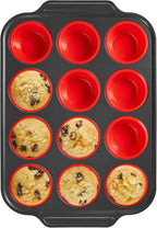 BRONYPRO Silicone Muffin Pans for Baking with Metal Frame, Egg Bite Molds, Cupcake Pans 12 Regular Size, Muffin Tins Easy to Pop Nonstick Non Toxic Bakeware for Oven, Red