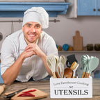 Kitchen Utensil Holder,Farmhouse Wooden Utensil Holder For Kitchen Counter,Large Cooking Spatula Organizer,Big Storage With 3 Compartments Flatware Spoon Tool Cutlery(White)