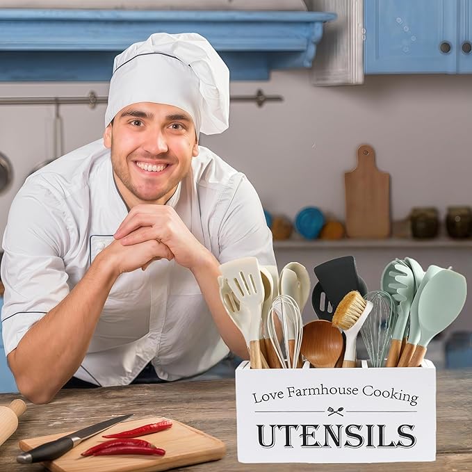 Kitchen Utensil Holder,Farmhouse Wooden Utensil Holder For Kitchen Counter,Large Cooking Spatula Organizer,Big Storage With 3 Compartments Flatware Spoon Tool Cutlery(White)