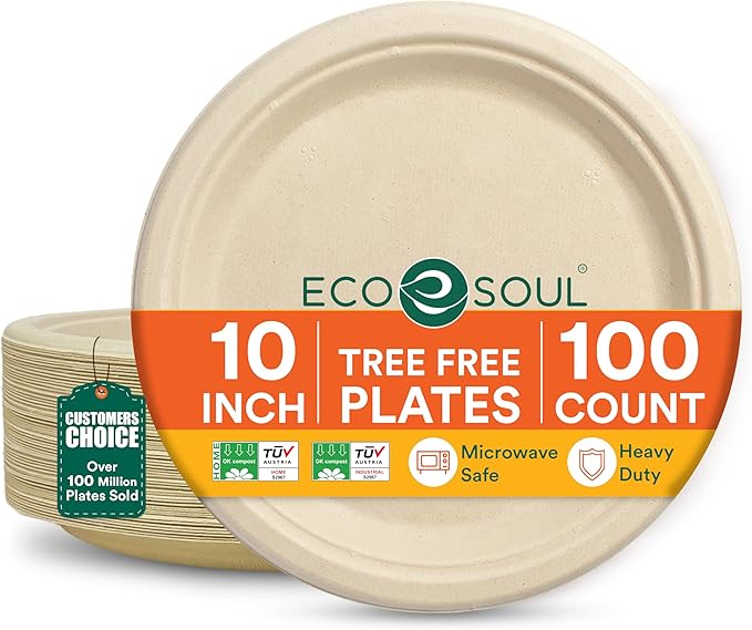 ECO SOUL 100% Compostable Paper Plates 10 Inch [100-Pack] Biodegradable Heavy Duty Eco-Friendly Disposable Plates for Christmas Dinner, Parties, Wedding & Event