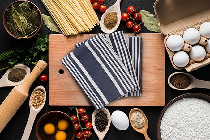 Urban Villa Kitchen Towels 100% Cotton Dish Towels for Kitchen (Set of 3) 20”x30” Dish Cloths Highly Absorbent Kitchen Linen Set with Hanging Loop Perfect for Drying Dishes Cleaning Towels-Blue White