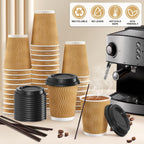 90 Pack - 8 oz Disposable Coffee Cups with Lids and Straws,To go Coffee Cups,Insulated Corrugated Paper Cups,Kraft Ripple Wall Cups for Hot Beverage or Cold Drinks -Champagne