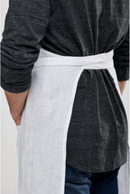 Solino Home 100% Pure Linen Apron for Women & Men - White Stripe Full Midi Bib Apron, Adjustable Neck Strap with Center Pockets for Kitchen, Chef - Handcrafted from European Flax