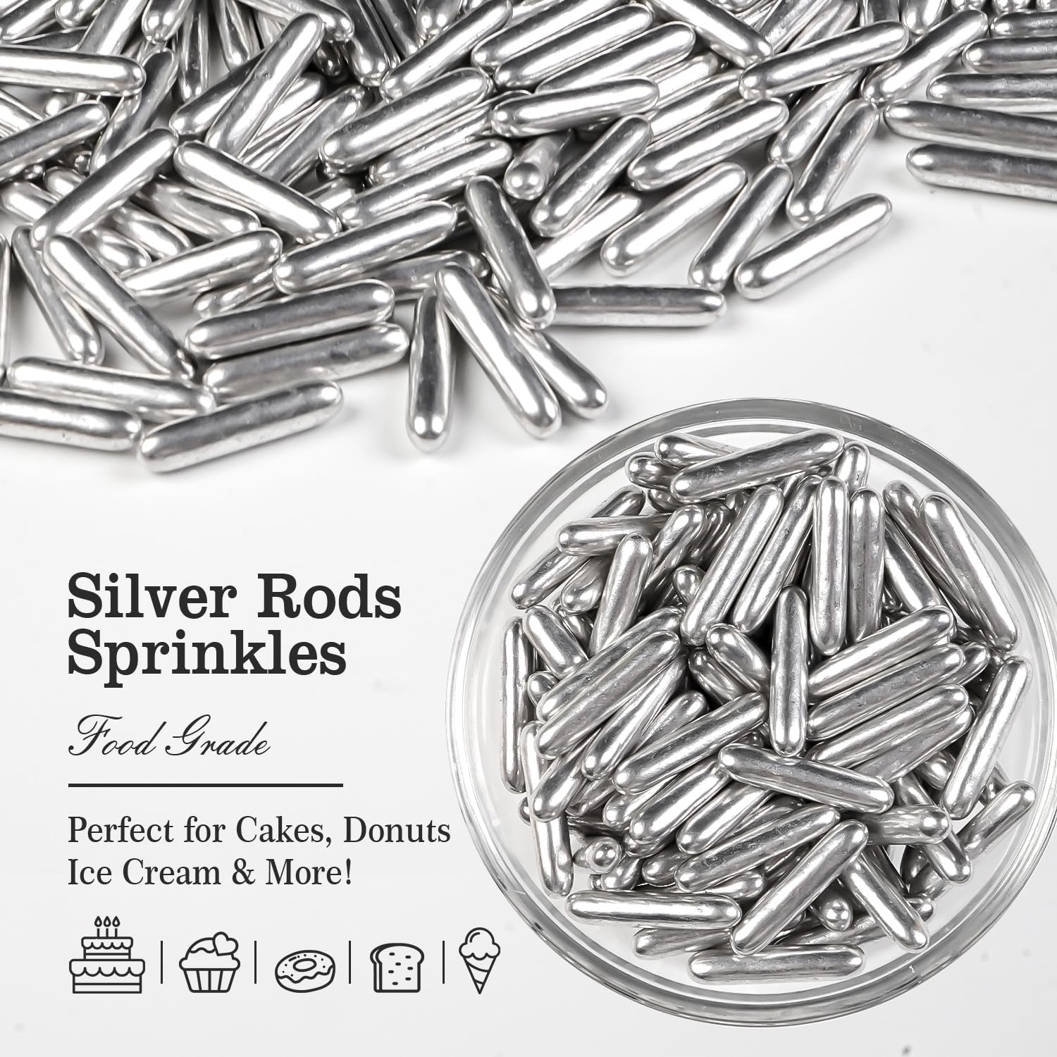 Silver Rods Sprinkles, Sugar Sprinkles For Cake Decorating, 150g/5.29oz, Food Grade, Ice Cream Decoration, Cupcake Toppers, Donuts, Cookies, Holiday, Birthday Party, Christmas Supplies