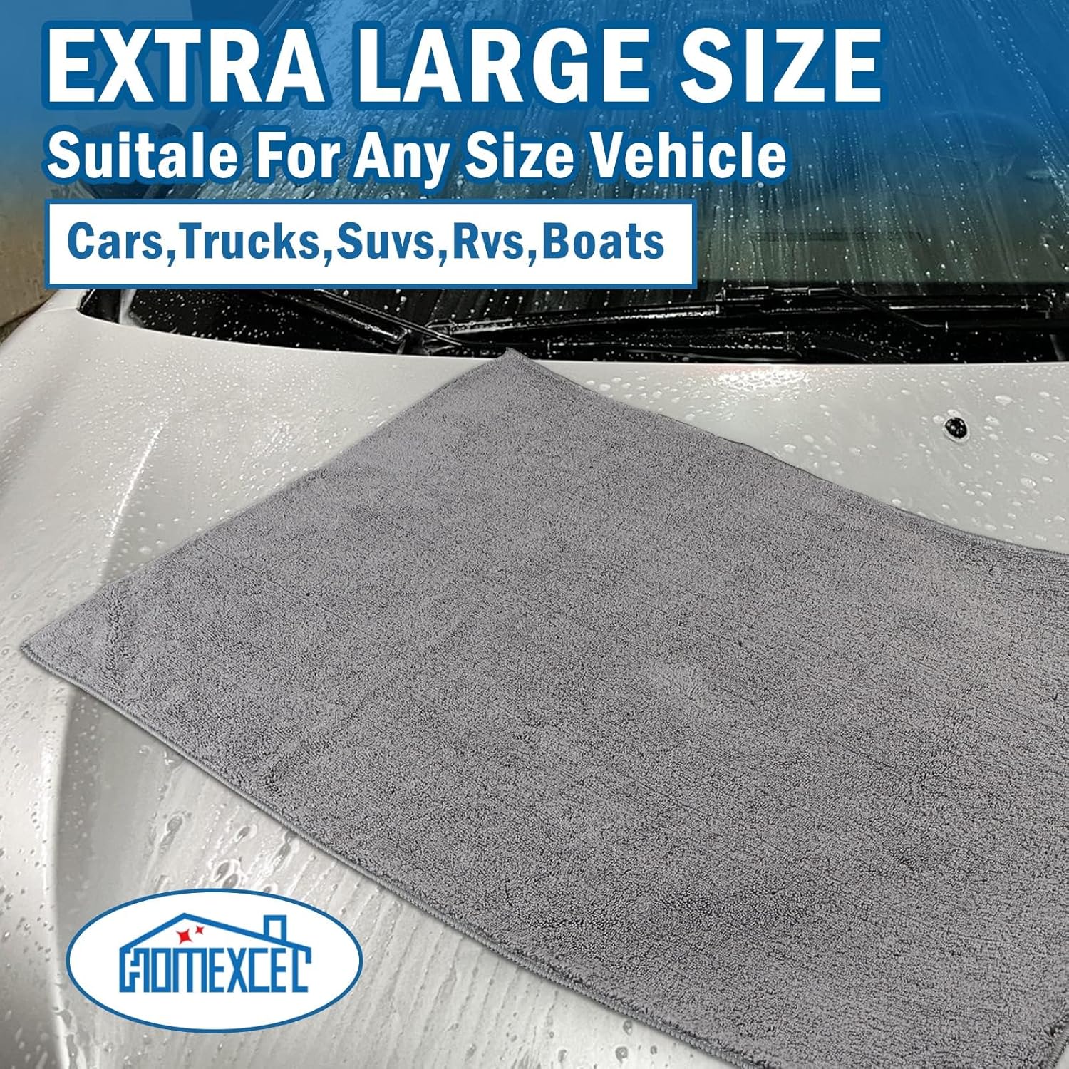 HOMEXCEL Professional Large Microfiber Car Drying Towels 4 Pack, Lint Free, Scratch Free, Highly Absorbent Drying Towel for Cars, SUVs, RVs, Trucks, and Boats,31" x 24 ",Grey
