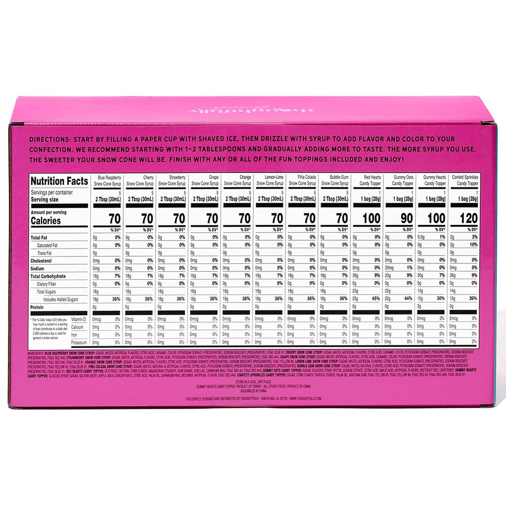 Thoughtfully Gourmet, Snow Cone Party Gift Set, Includes Ingredients for 20 Snow Cones, 8 Flavored Syrups, Toppings, and Paper Cups, Set of 20