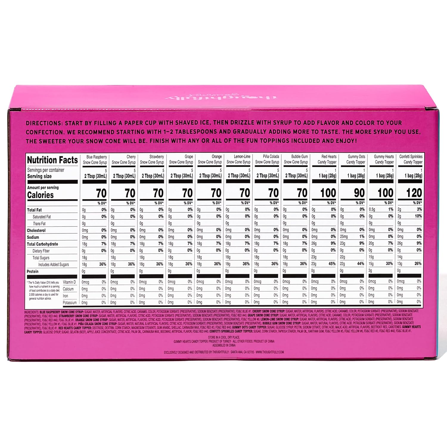 Thoughtfully Gourmet, Snow Cone Party Gift Set, Includes Ingredients for 20 Snow Cones, 8 Flavored Syrups, Toppings, and Paper Cups, Set of 20