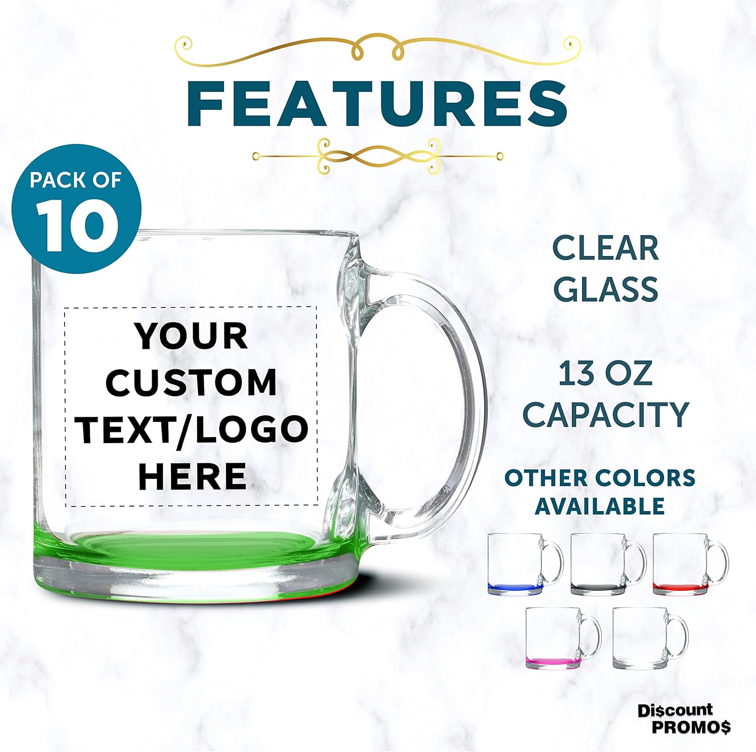 Custom Libbey Clear Glass Coffee Mugs 13 oz. Set of 10, Personalized Bulk Pack - Perfect for Coffee, Tea, Espresso, Hot Cocoa, Other Beverages - Green Bottom