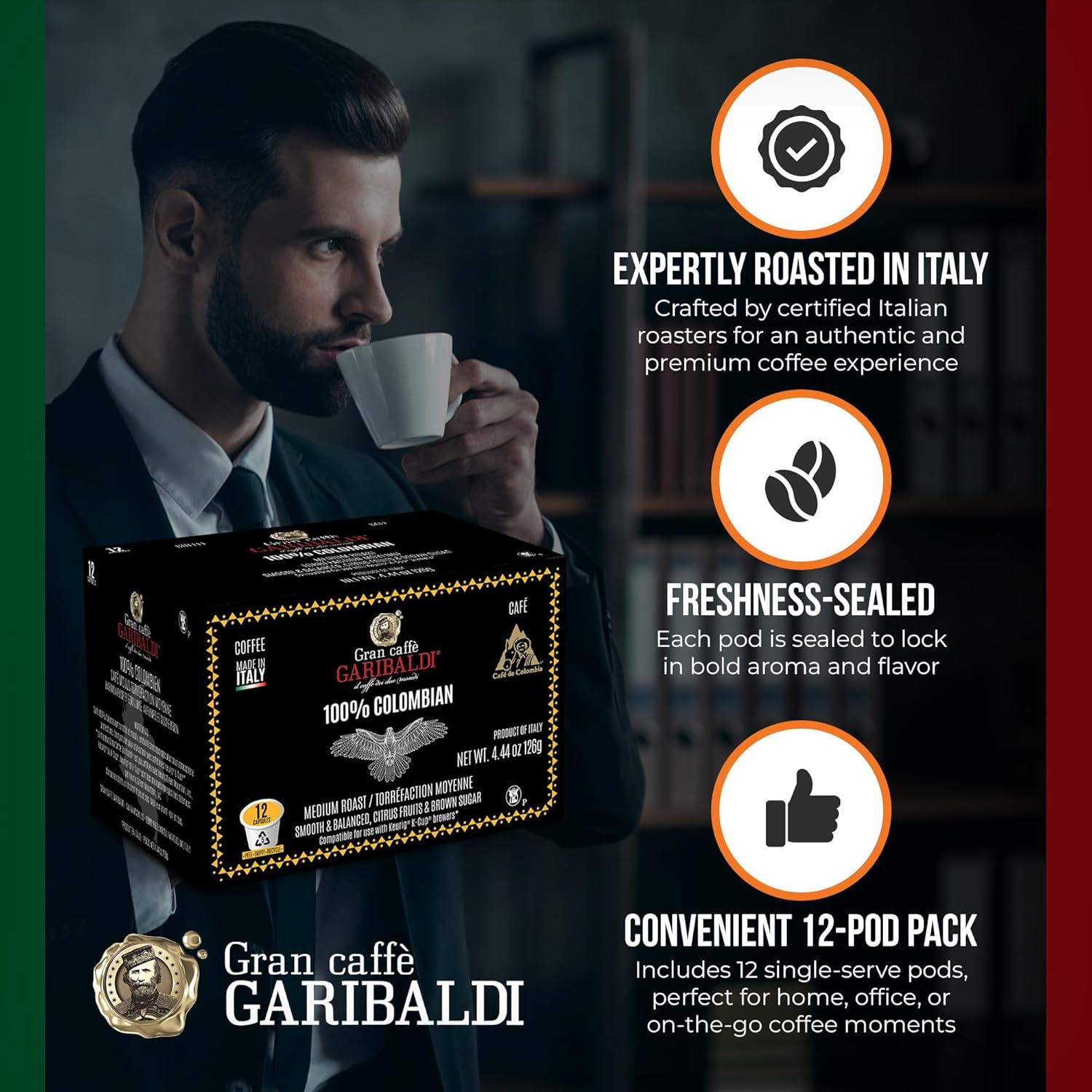 Caffè Garibaldi Colombian Coffee Pods, for Keurig K-Cup Brewers, Single Serve Cups with 100% Arabica Blend for Coffee Makers, 12 Count Recyclable Pods - Medium Roast