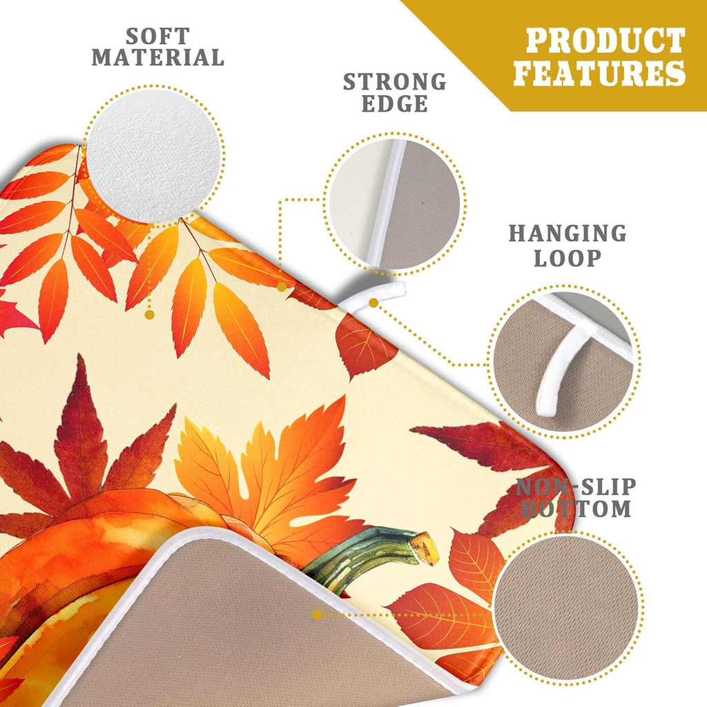 Autumn Pumpkin Maple Leaf Dish Drying Mat for Kitchen Counter,Thanksgiving Fall Holiday Drying Mat with Hanging Loop 16 x 18 Inch Microfiber Dish Drying Pad Dish Rack Drainer Mat for Coffee Bar