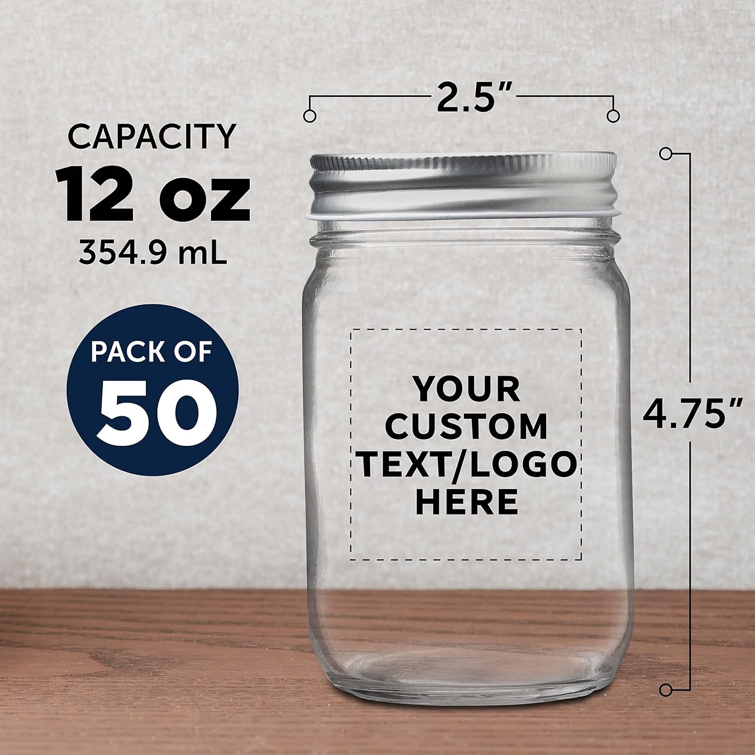 DISCOUNT PROMOS 50 Decorating Mason Jars Set, 12 oz. - Customizable Text, Logo - Canning, Aluminum Lid - Clear