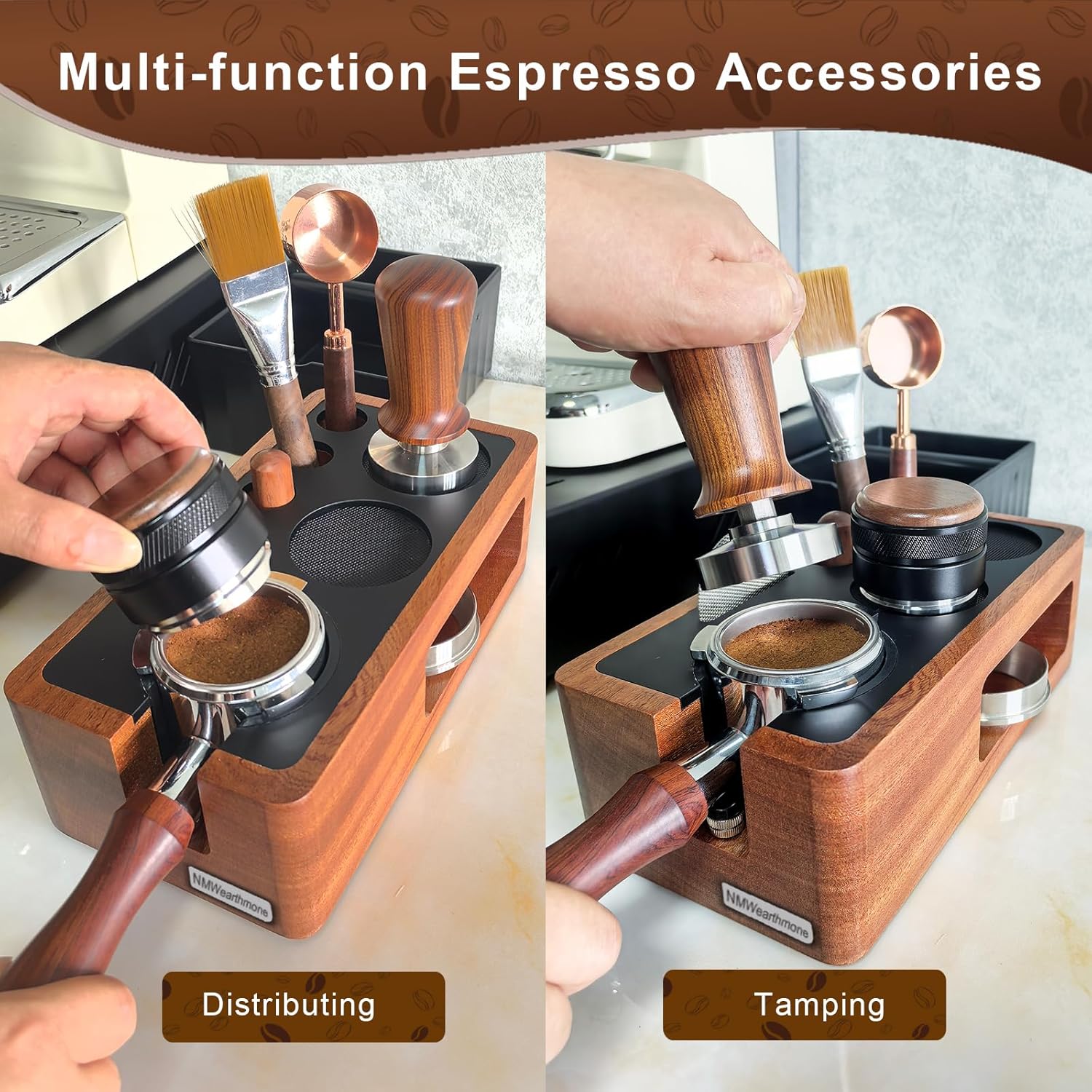 NMWearthmone Espresso Tamping Station,Solid Wood Espresso Accessories Organizer,Multi-Functional Coffee Accessories Tamper Station,Espresso Station Fit For Standard Portafilter (Upgraded Red, 51-58mm)