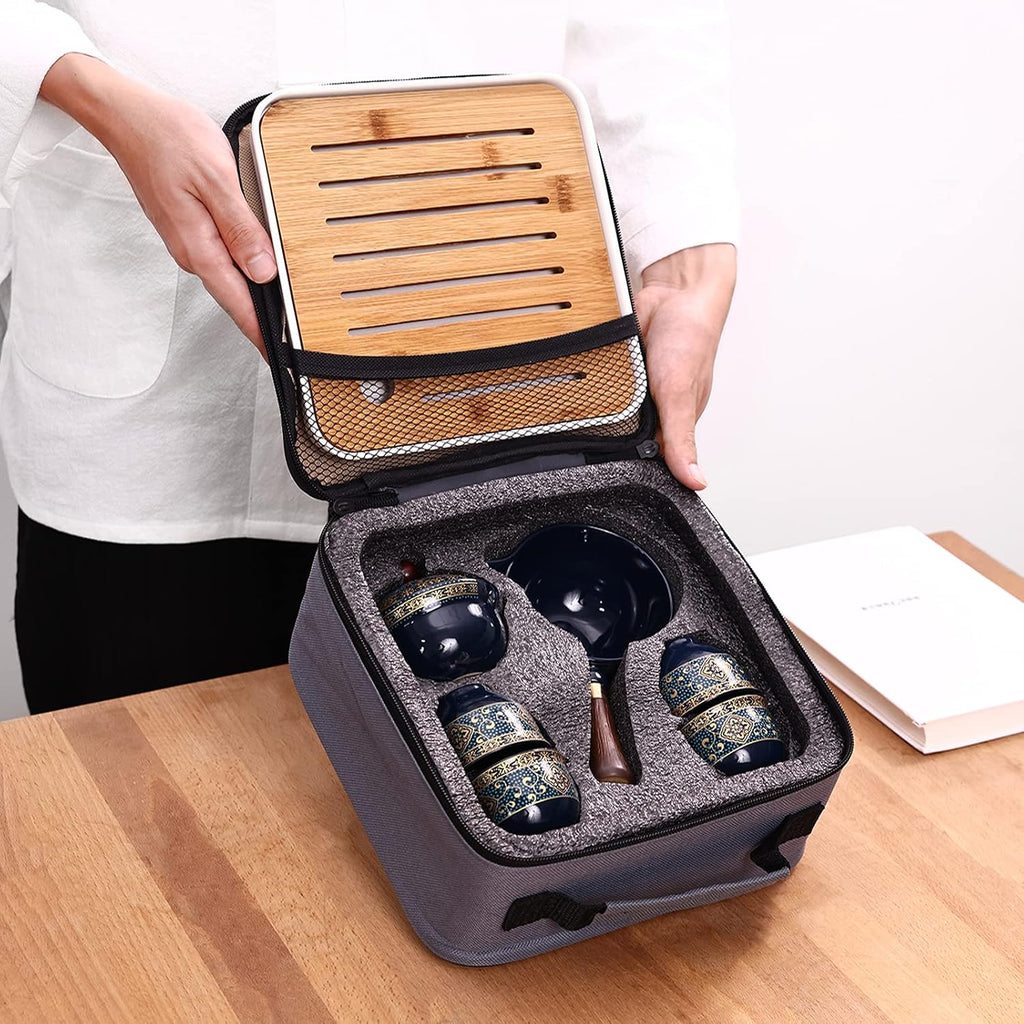 LURRIER Porcelain Chinese Gongfu Tea Set,Portable Teapot Set with 360 Rotation Tea maker and Infuser,Portable All in One Gift Bag for Travel,Home,Gifting,Outdoor and Office (Cyan Grey)