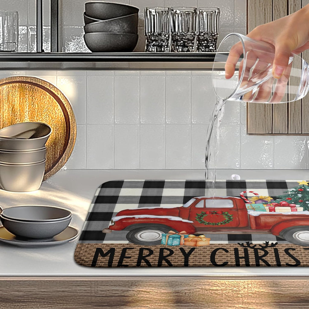 Merry Christmas Truck Dish Drying Mat Winter Large Kitchen Mats Dish Drying Pad Xmas Tree Absorbent Dish Dryer Mat for Kitchen Countertops Microfiber Drainer Pad Dish Drying Mats (18x24 in)