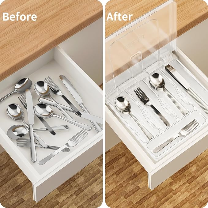 Silverware Tray with Lid, Utensil Drawer Organizer for Kitchen Countertop Plastic Flatware Organizers and Storage holder 5 Compartments