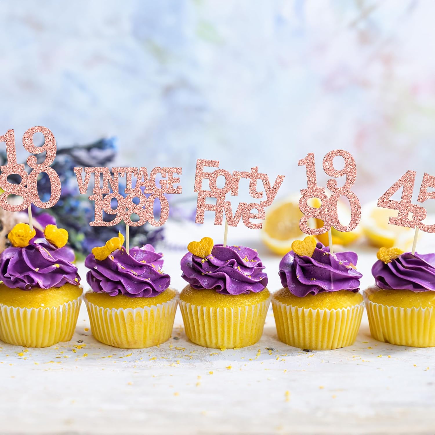 Gyufise 24Pcs 45th Birthday Cupcake Toppers Glitter Cheers to 45 Fabulous Forty Five Vintage 1980 Cupcake Picks 45th Birthday Wedding Anniversary Party Cake Decorations Supplies Rose Gold