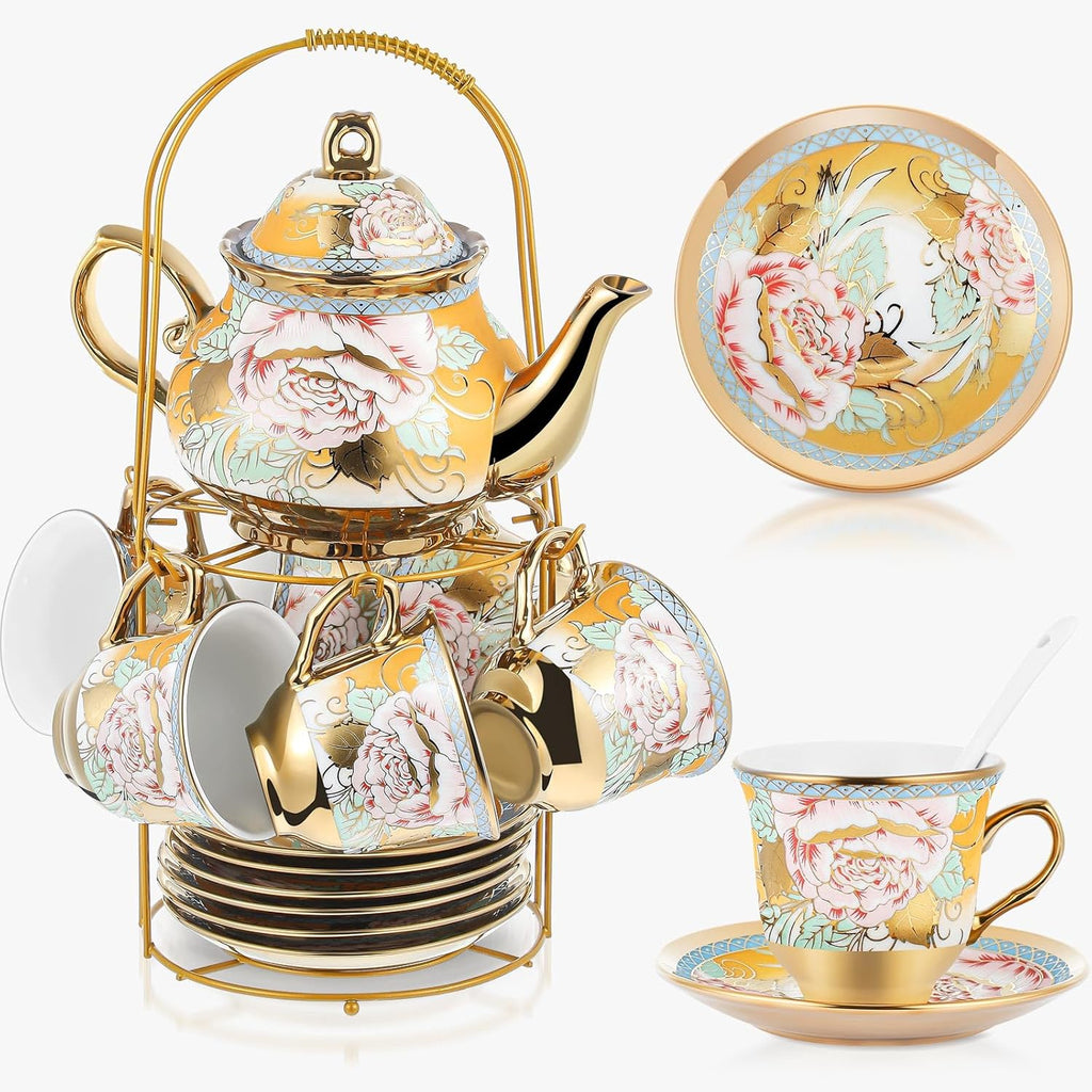 Zhehao 20 Pcs Porcelain Tea Set with Metal Holder and Spoon Adult Ceramic Tea Party Set European Flower Painting Teapot Cup Saucer Spoon Set for Women, Large Version(Classic Style)