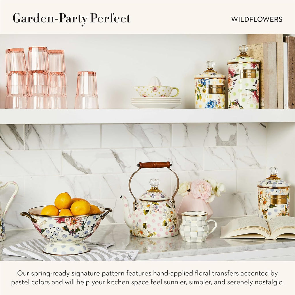 MACKENZIE-CHILDS Wildflowers Enamel Canister, Floral Kitchen Storage Container with Lid, Large