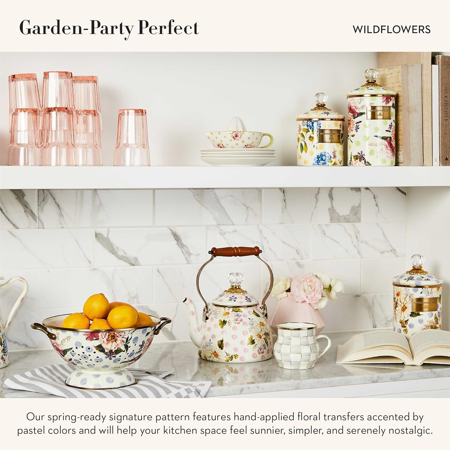 MACKENZIE-CHILDS Wildflowers Enamel Canister, Floral Kitchen Storage Container with Lid, Large