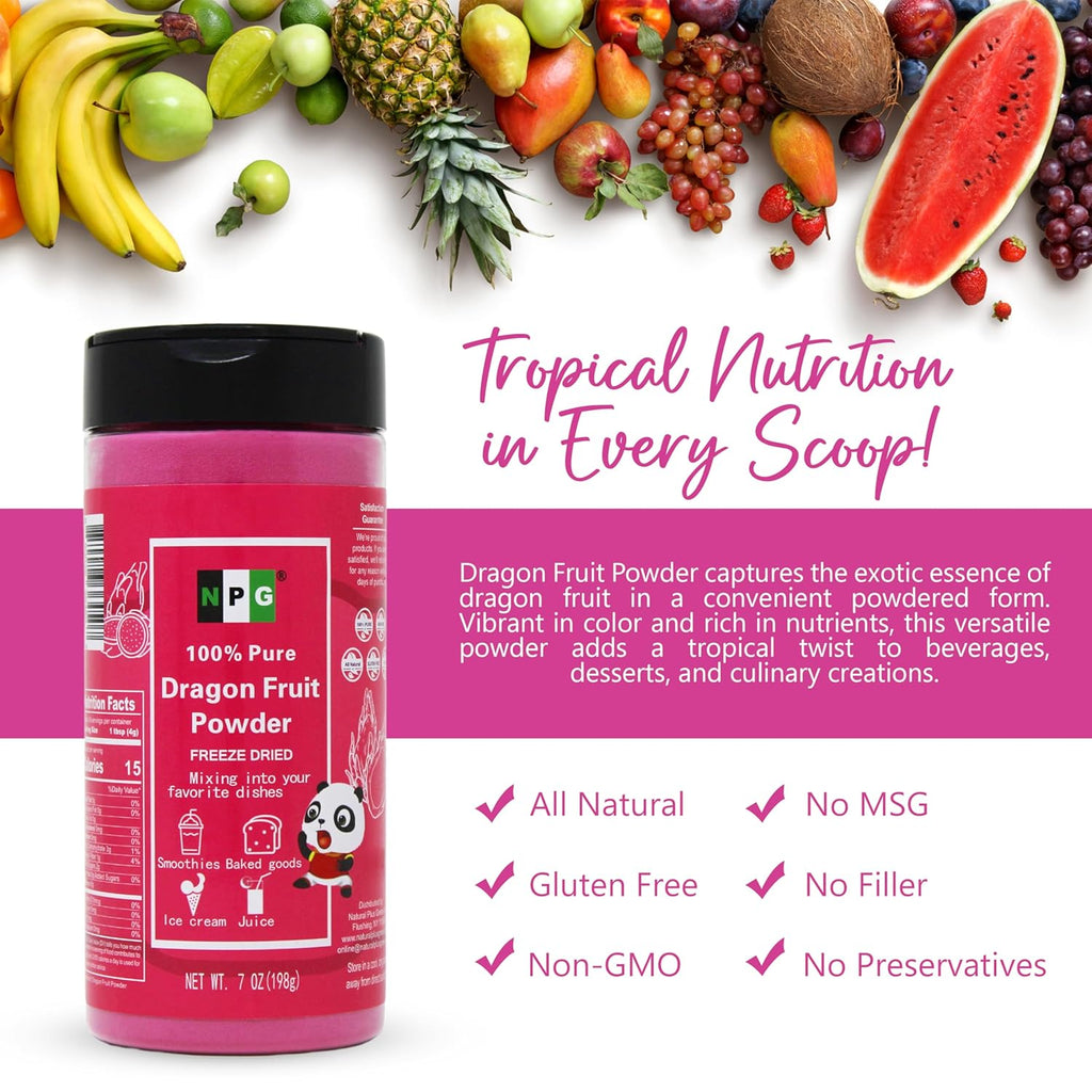 NPG Freeze Dried Red Dragon Fruit Powder 7 Oz, Seedless Fine Powder for Food Coloring, Baking, Smoothies, Drinks, Ice Cream, Cocktails, Vegan, Non-GMO, No Added Sugar