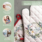Maison d' Hermine 100% Cotton Oven Mitt & Pot Holder Set (7.5"x13" & 8"x8") Heat Resistant BBQ Cooking Gloves with Loop, Baking, Grilling, Kitchen, Handling Hot Pans (Holly Time)
