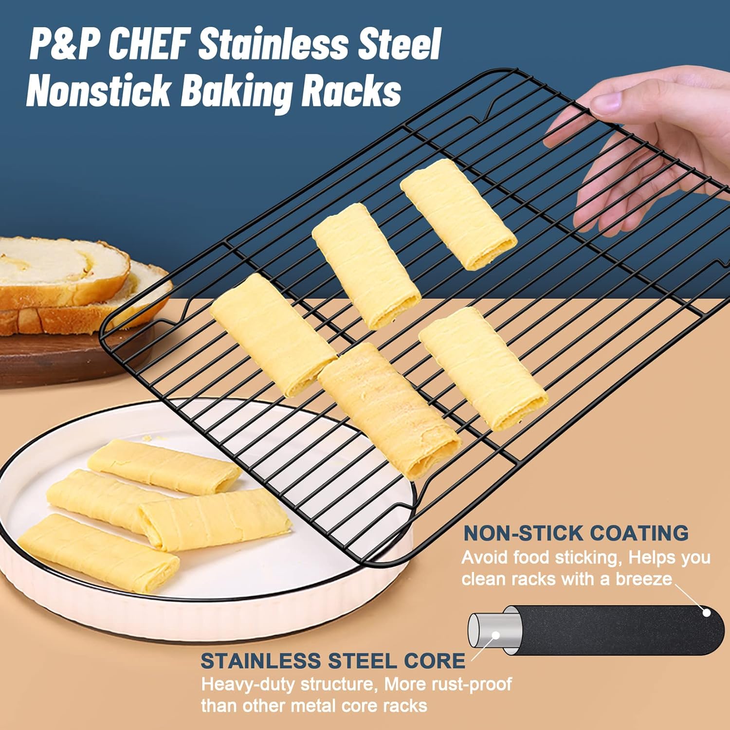 P&P CHEF Cooling Baking Rack Pack of 2, Stainless Steel Cooling Racks for Cooking Baking Roasting Grilling Drying, Dense Wires & Smooth Edge, Easy to clean, Black,15.3" x 11.25"