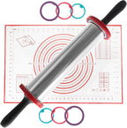 Rolling Pins,Rolling Pin and Silicone Baking Pastry Mat Set,Rolling Pins,Adjustable Stainless Steel Rolling Pin with Thickness Rings for Baking Dough,Pizza,Pie,Pasta(Red Mat)