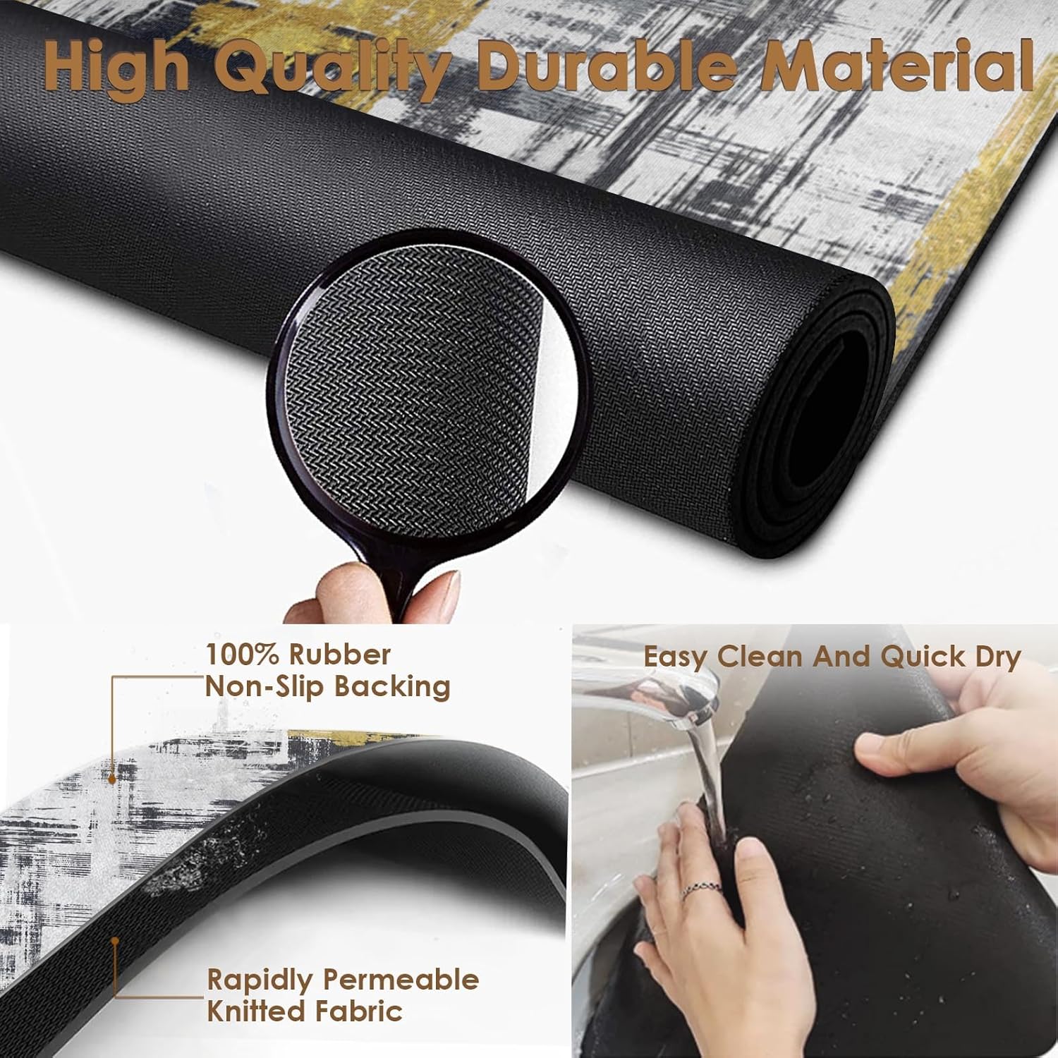 Arttown Coffee Mat for Countertops, Abstract Black Golden Minimalism Grey Dish Drying Mat 2 Pcs for Kitchen Bar Accessories, Coffee Maker Espresso Machine Dish Rack Hide Stain Rubber 12x19in