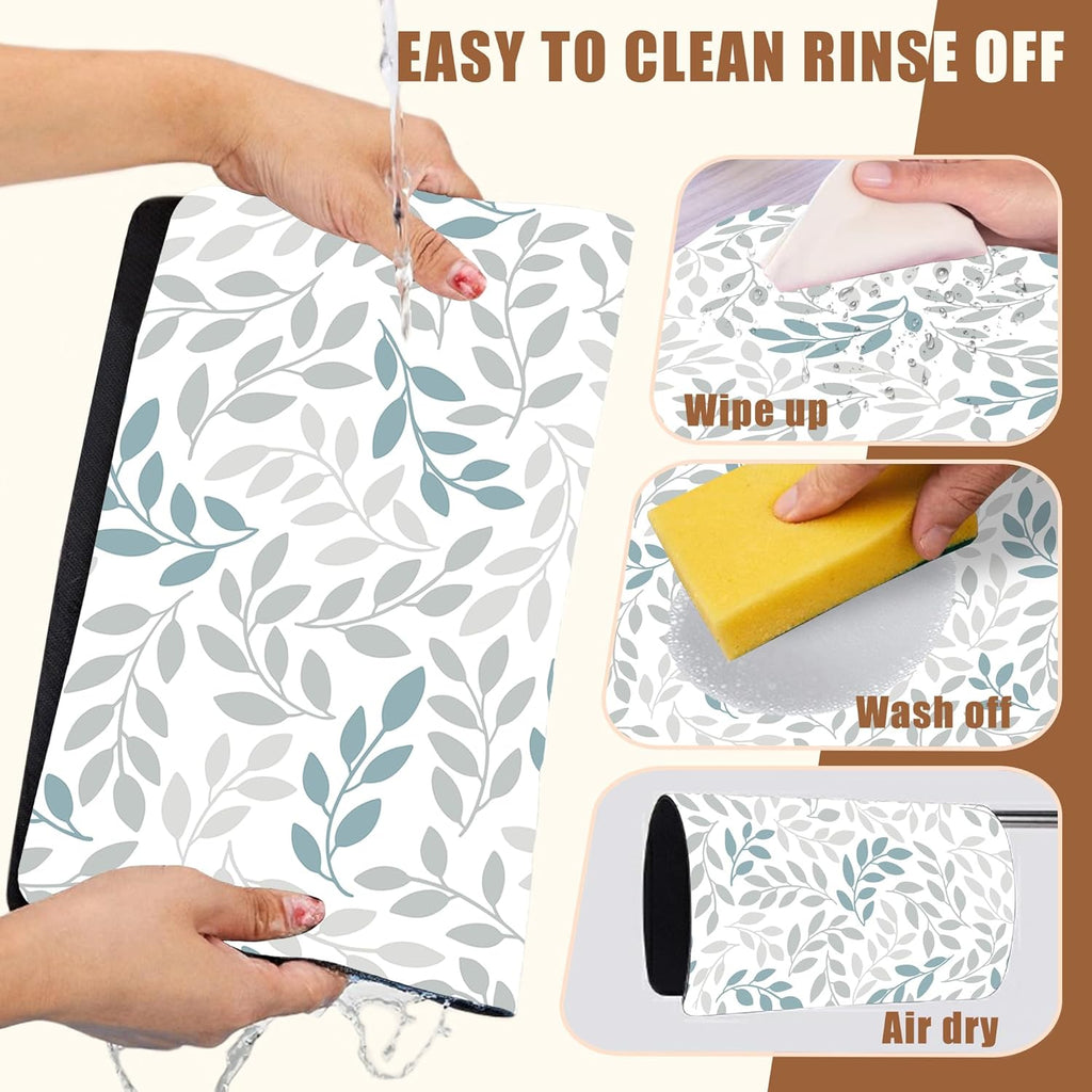 Grey and Blue Leaves Branches Dish Drying Mat for Kitchen Counter Bar Mat Hide Stain Absorbent Rubber Backed 15.7 x 23.6 Inch