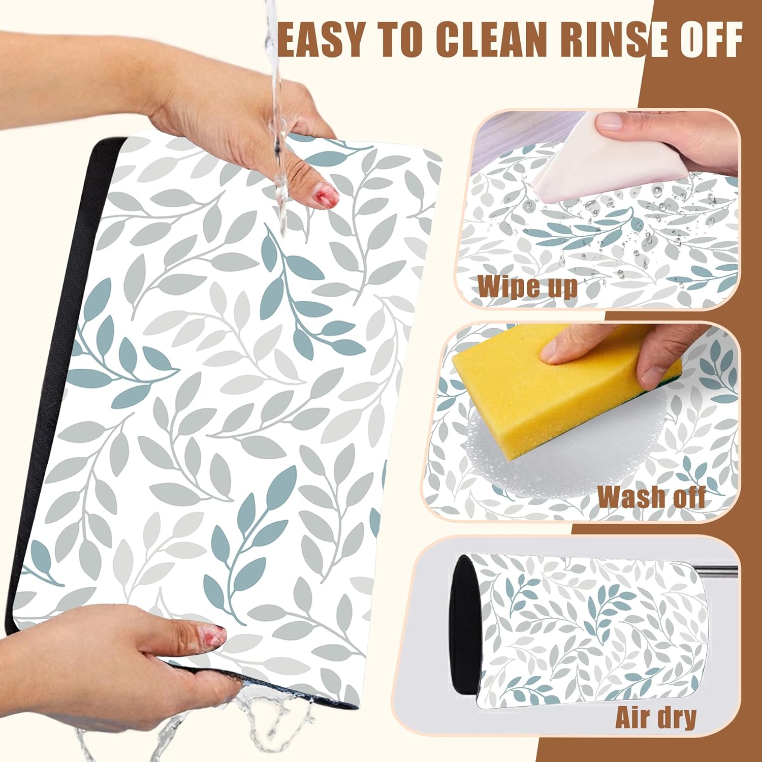 Grey and Blue Leaves Branches Dish Drying Mat for Kitchen Counter Bar Mat Hide Stain Absorbent Rubber Backed 15.7 x 23.6 Inch