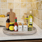 MAONAME Wood Serving Tray, Farmhouse Wooden Tray for Coffee Table, Oval Beaded Trays, Washed White Decorative Trays for Living Room, Kitchen, 15" X 9" X 1.2"