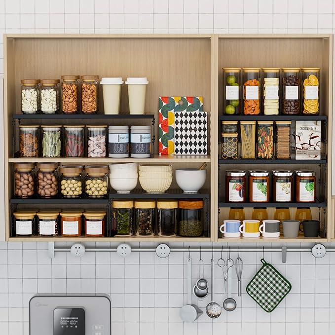 Stackable Expandable Metal Shelf Organizer - Adjustable Wire Storage Rack with Holes for Kitchen, Bathroom, Cabinet, Office - Space Saving, Durable & Sturdy Design（1PACK/Medium/Black