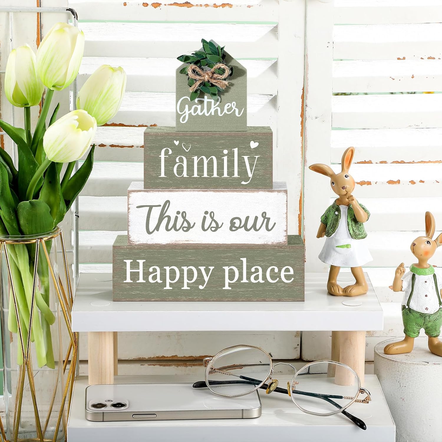 Farmhouse Table Decor Eucalyptus Leaves Wooden Block Sign Gift Gather Family This Is Our Happy Place Tabletop Centerpieces Rustic Decorations for Home Kitchen Shelf Desk Tiered Tray Decor