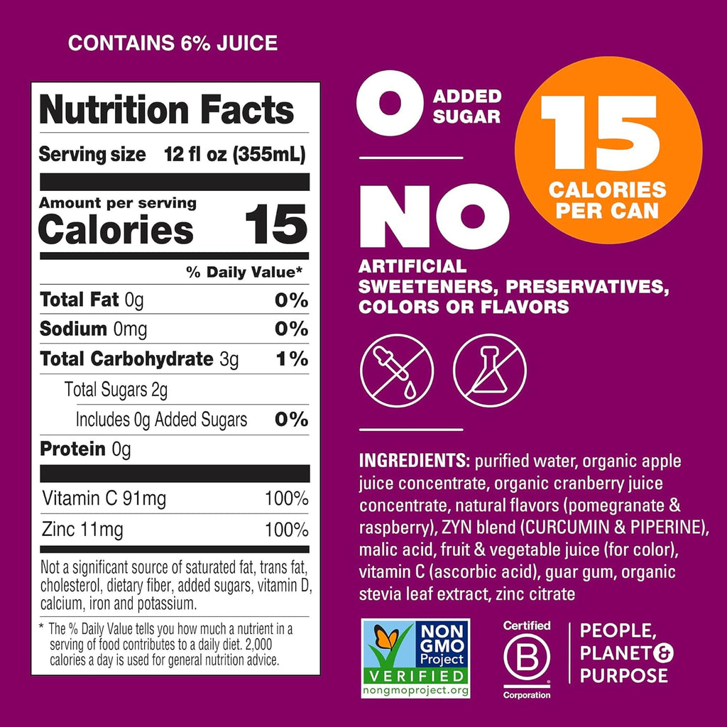 ZYN Turmeric Wellness Drink (6 Pack), Pomegranate Cranberry Flavored Turmeric Curcumin Drink with Black Pepper, No Added Sugar, Low Carb & Low Calorie Drink, Clean Alternative