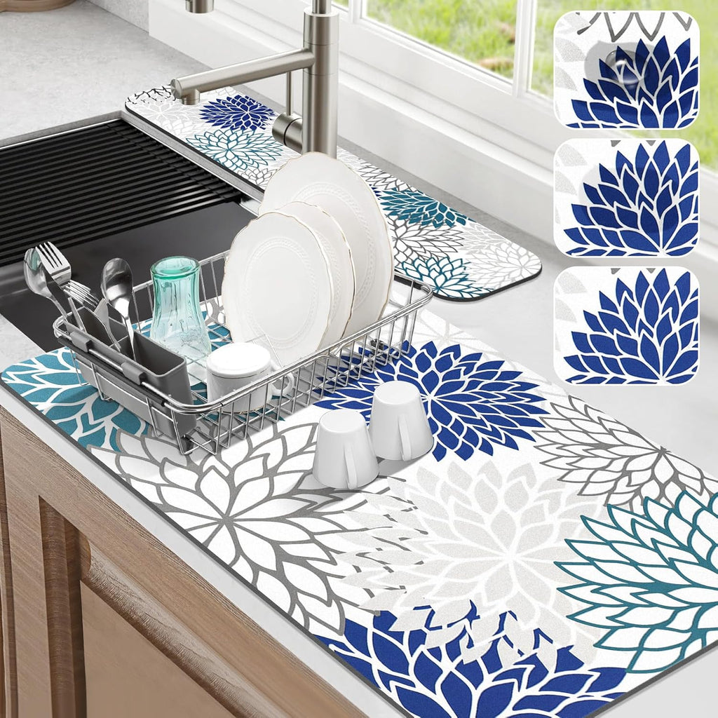 Findosom 2PCS 17" x 32" Dish Drying Mat & 24" x 5.5" Sink Splash Guard, Super Absorbent & Cuttable Dish Mat Drying Kitchen Mat with Blue Floral, Hide Stain Drying Mat for Kitchen Counter