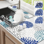 Findosom 2PCS 17" x 32" Dish Drying Mat & 24" x 5.5" Sink Splash Guard, Super Absorbent & Cuttable Dish Mat Drying Kitchen Mat with Blue Floral, Hide Stain Drying Mat for Kitchen Counter