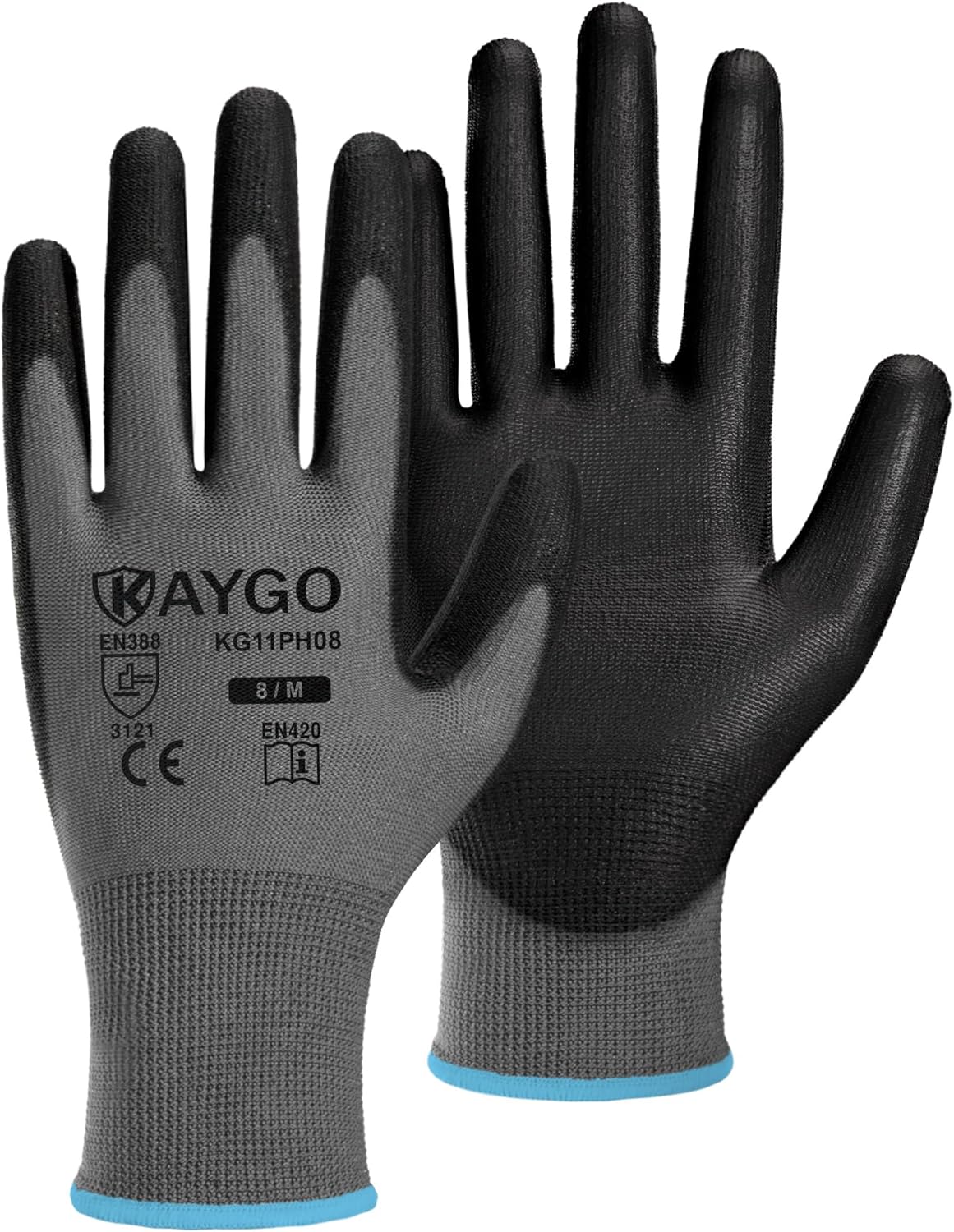 KAYGO Safety Work Gloves PU Coated, 60 Pairs KG11PB, Seamless Knit Glove with Polyurethane Coated Smooth Grip on Palm & Fingers, for Men and Women (Medium, Gray)
