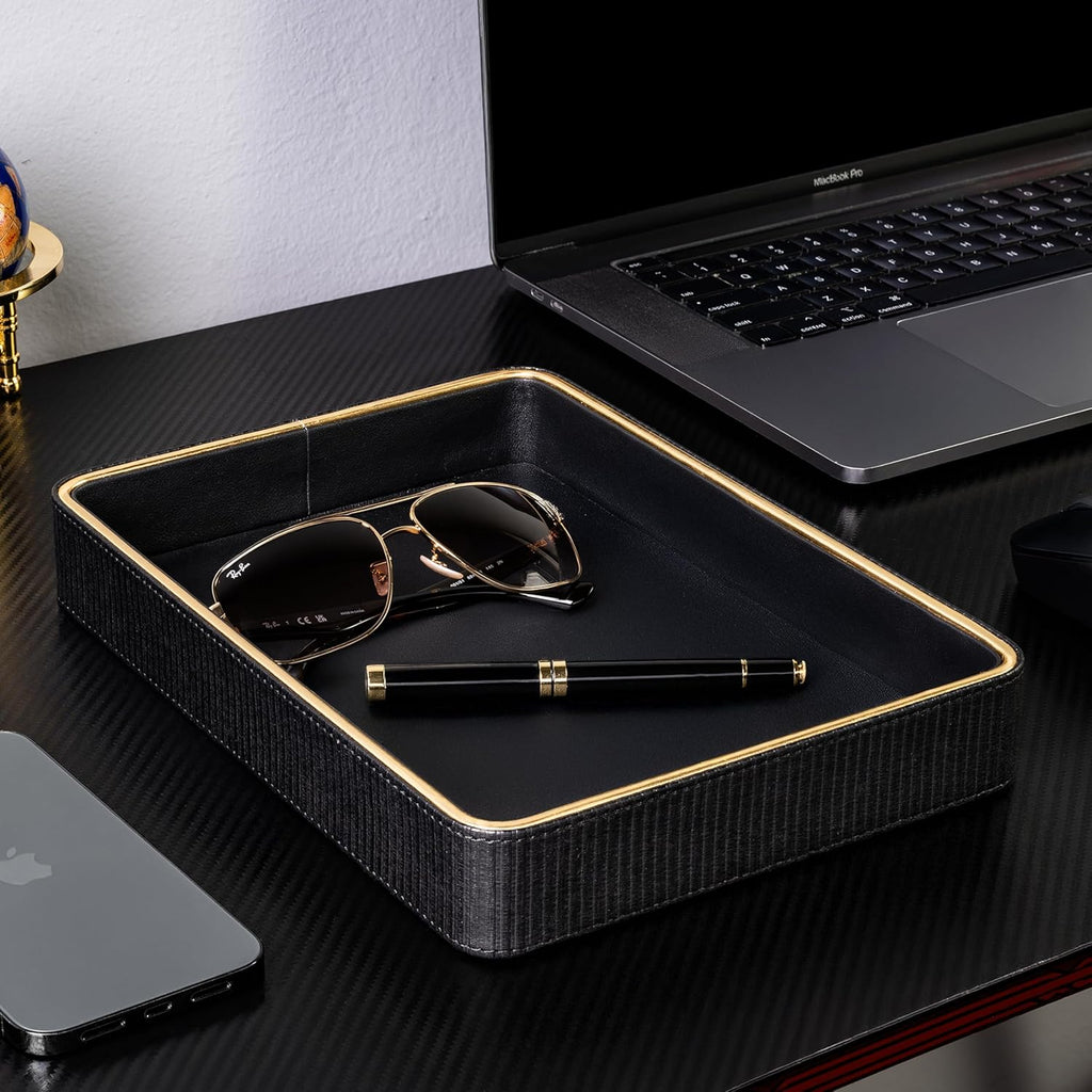 Black Leather Valet Tray for Men| Mens Valet Catch All Trays| Bedside Organizer for Nightstand| Cologne Tray for Men| Desk Trays