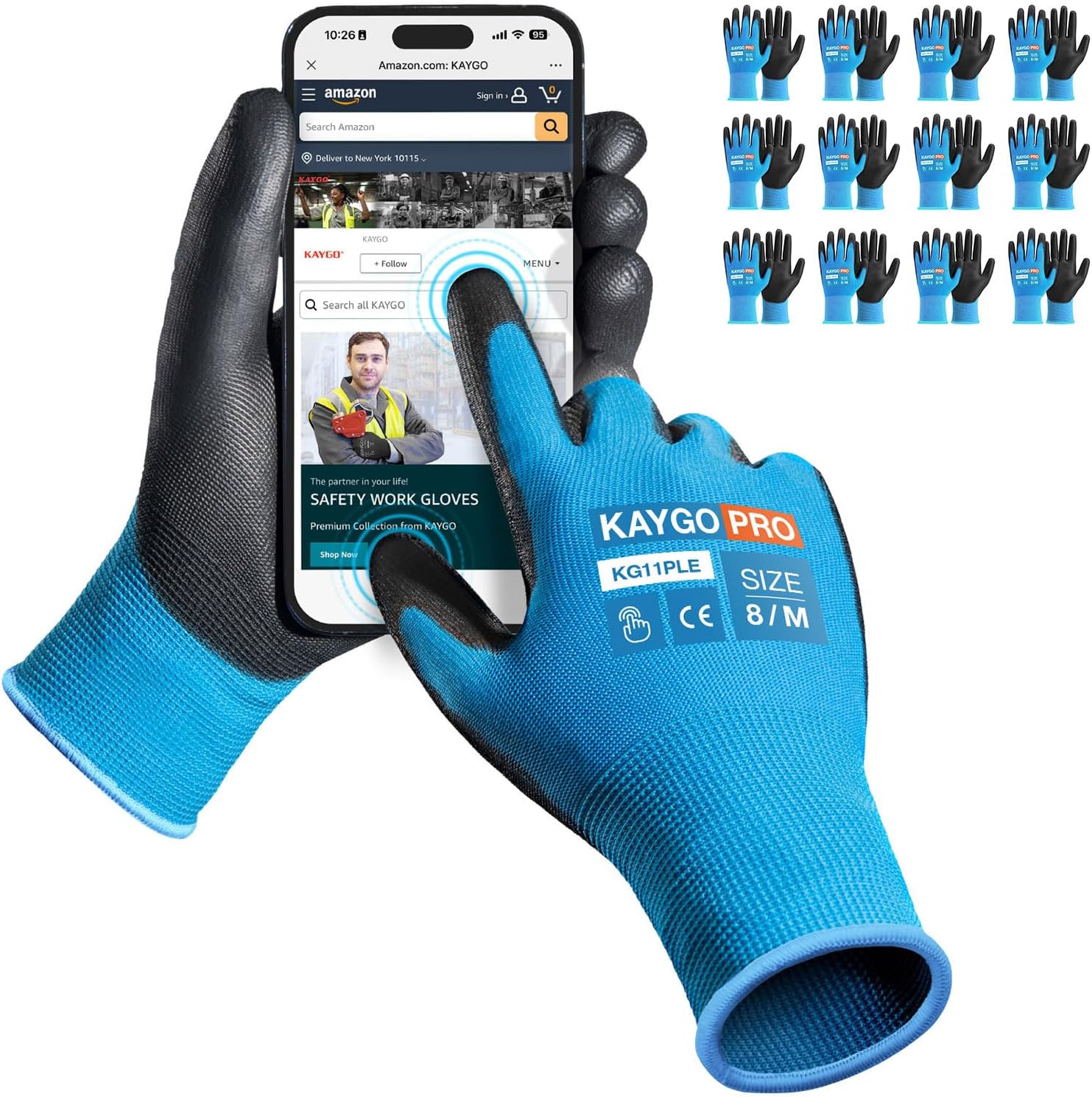 KAYGO Safety Work Gloves PU Coated for Men and Women, KG11P 12 Pairs Seamless Knit Glove with Two Fingers Touchscreen,Ideal for General Duty Work (Blue,M)