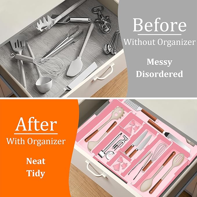 Large Utensil Drawer Organizer Expandable Silverware Organizer for Kitchen Drawer Adjustable Cooking Utensil Holder Cutlery Flatware Tray Spatula Tools Gadgets Storage Dividers Plastic Pink