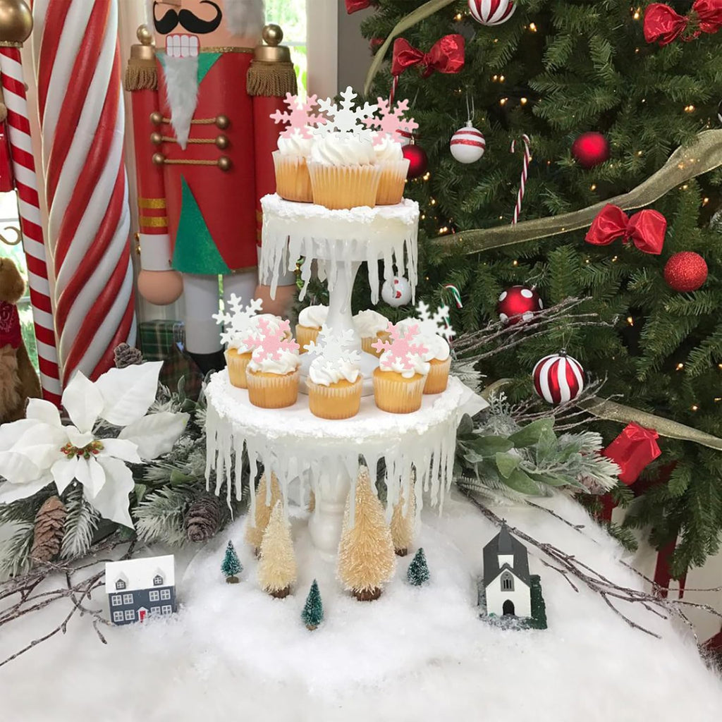 Gyufise 50Pcs Pink Edible Cupcake Cake Toppers Snowflake Cake Decorations for Christmas Winter Frozen Theme Party Supply Decoration Pink White