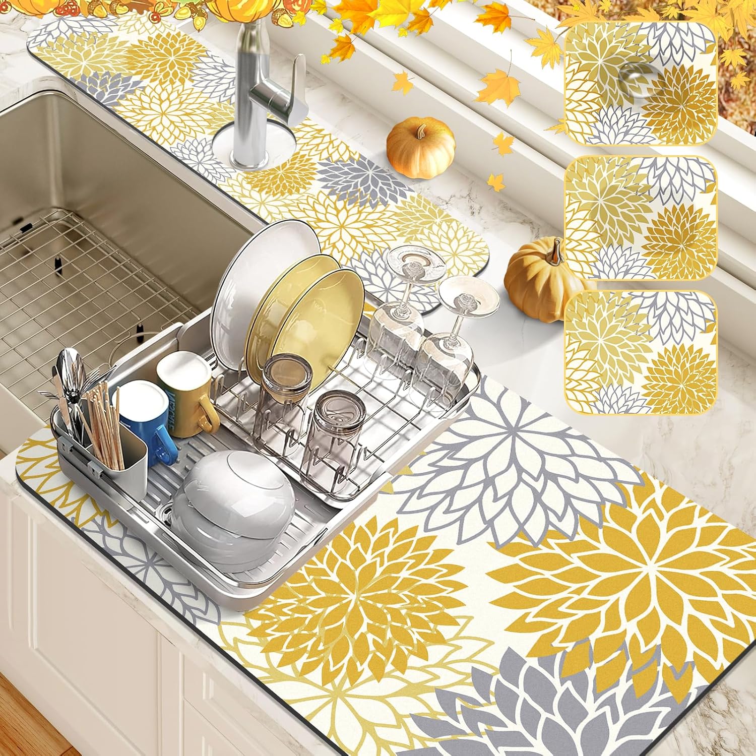 Findosom 2PCS 16" x 24" Fall Dish Drying Mat & 24" x 5.5" Sink Splash Guard, Super Absorbent & Cuttable Dish Mat Drying Kitchen Mat with Yellow Floral, Hide Stain Drying Mat for Kitchen Counter